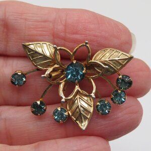 Vintage Blue Rhinestone Floral Gold Tone Brooch